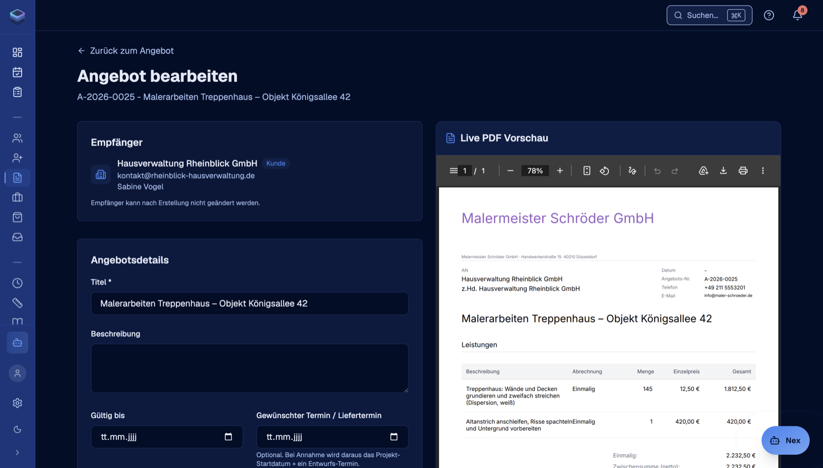 Angebot in NexDeck mit Live-PDF-Vorschau: Positionen links, fertiges Angebots-PDF rechts.