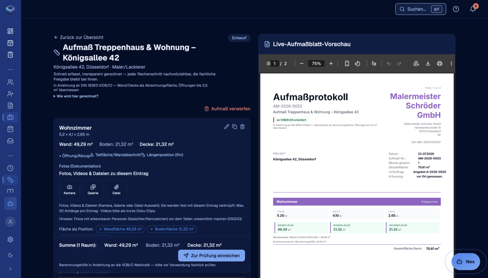 Digitales Aufmaß in NexDeck: Raum mit automatisch berechneter Wand-, Boden- und Deckenfläche und Live-Aufmaßblatt-Vorschau.